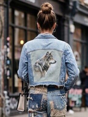 Upcycled Distressed Wolf Cropped Raw Hem Jean Jacket Size XS
